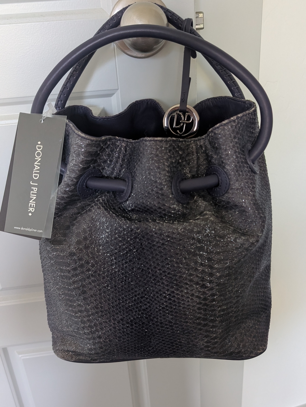 Donald J. Pliner Black Textured Drawstring Bucket Bag